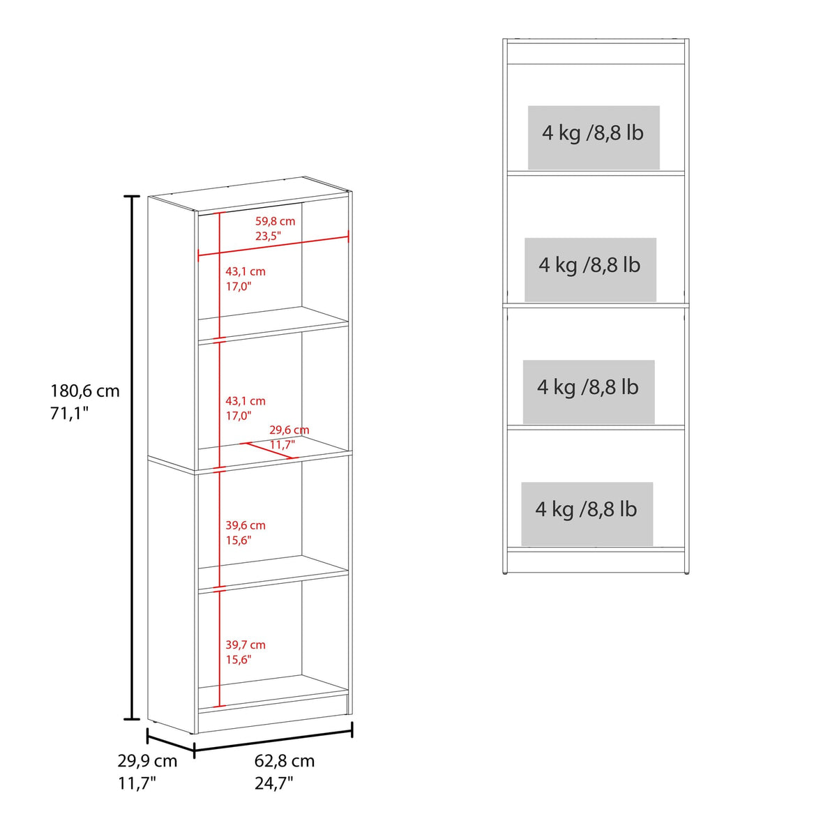 Walnut 4-Tier Bookcase - Primary Living Space Storage