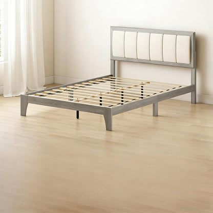 Queen Bed Frame Beige Gray Linen Look Headboard
