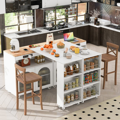 White Rolling Kitchen Island with LED Lights and Storage