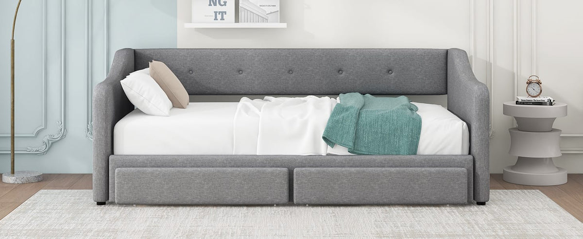 Twin XL to King Size Upholstered Daybed with Two Drawers, Gray