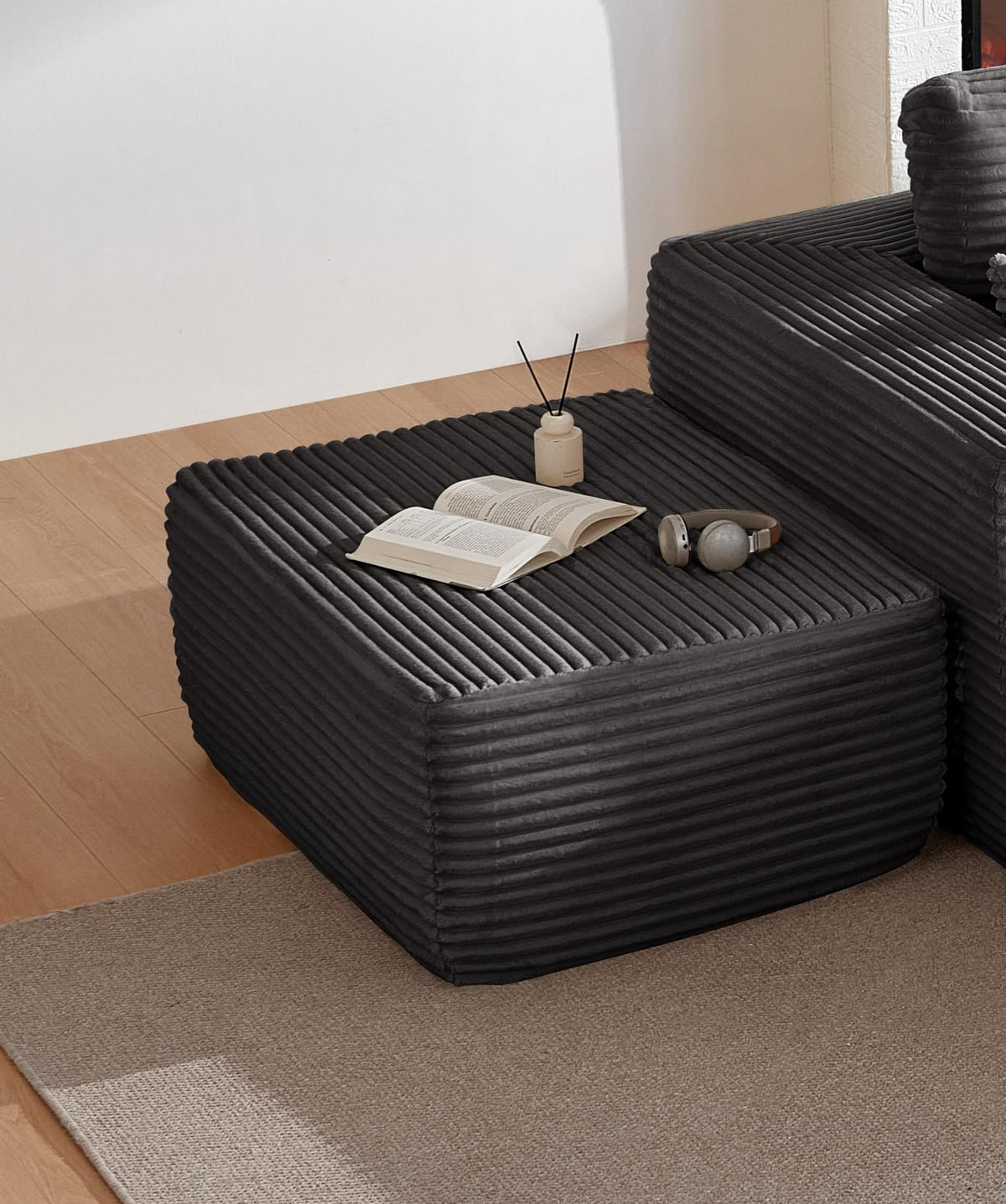Grey Plush Corduroy Ottoman - Comfortable Storage Accent