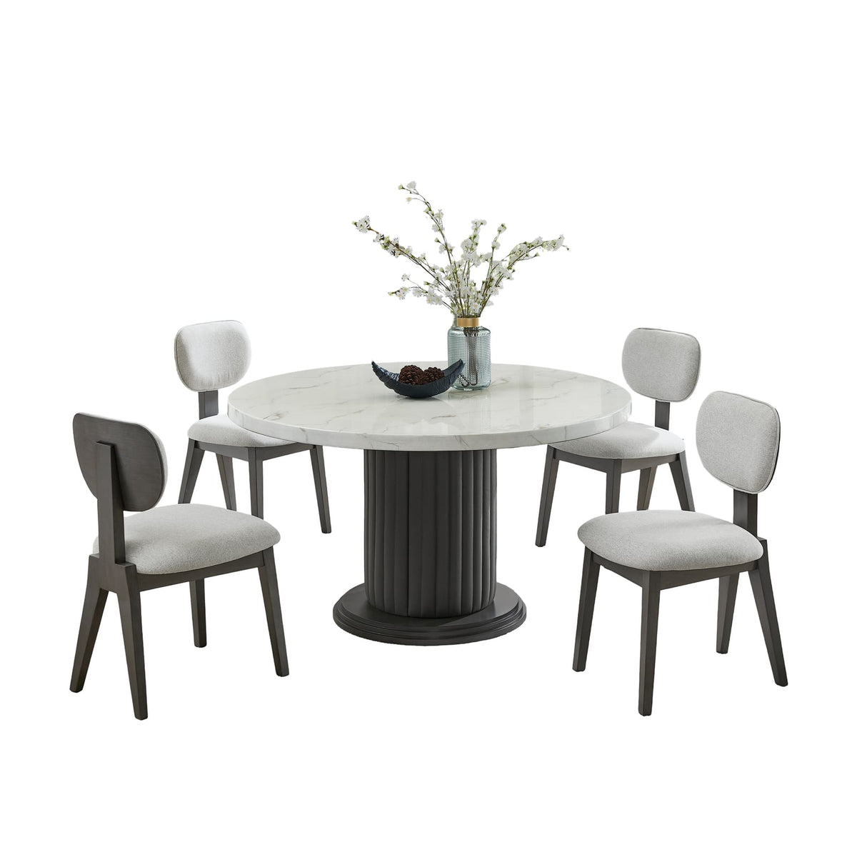 Venezia 5-Piece Round Dining Set - White Faux Marble Table & Gray Chairs