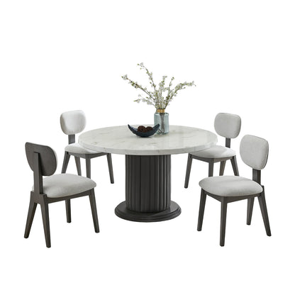 Venezia 5-Piece Round Dining Set - White Faux Marble Table & Gray Chairs