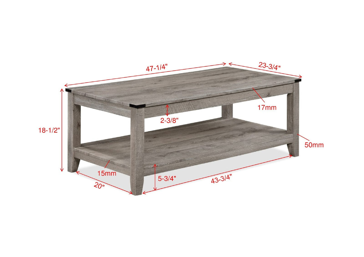 Rustic Gray Brown 3-Piece Cocktail Set Table Top Rectangular Coffee Table and Two