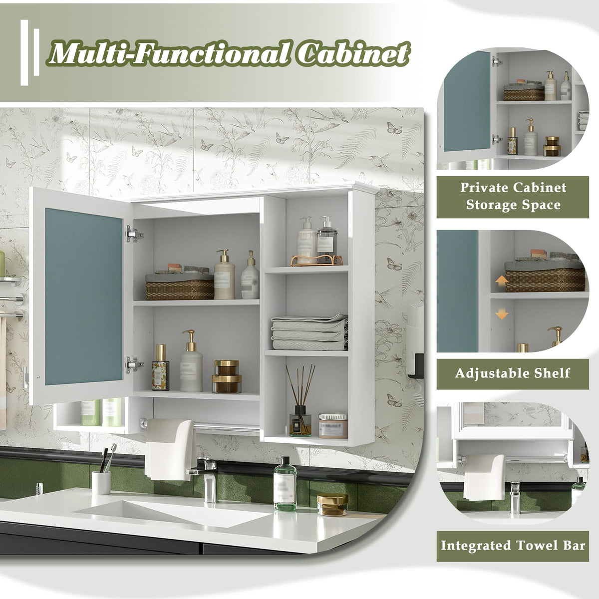 3-in-1 White Bathroom Mirror Cabinet - Wall Mounted Storage
