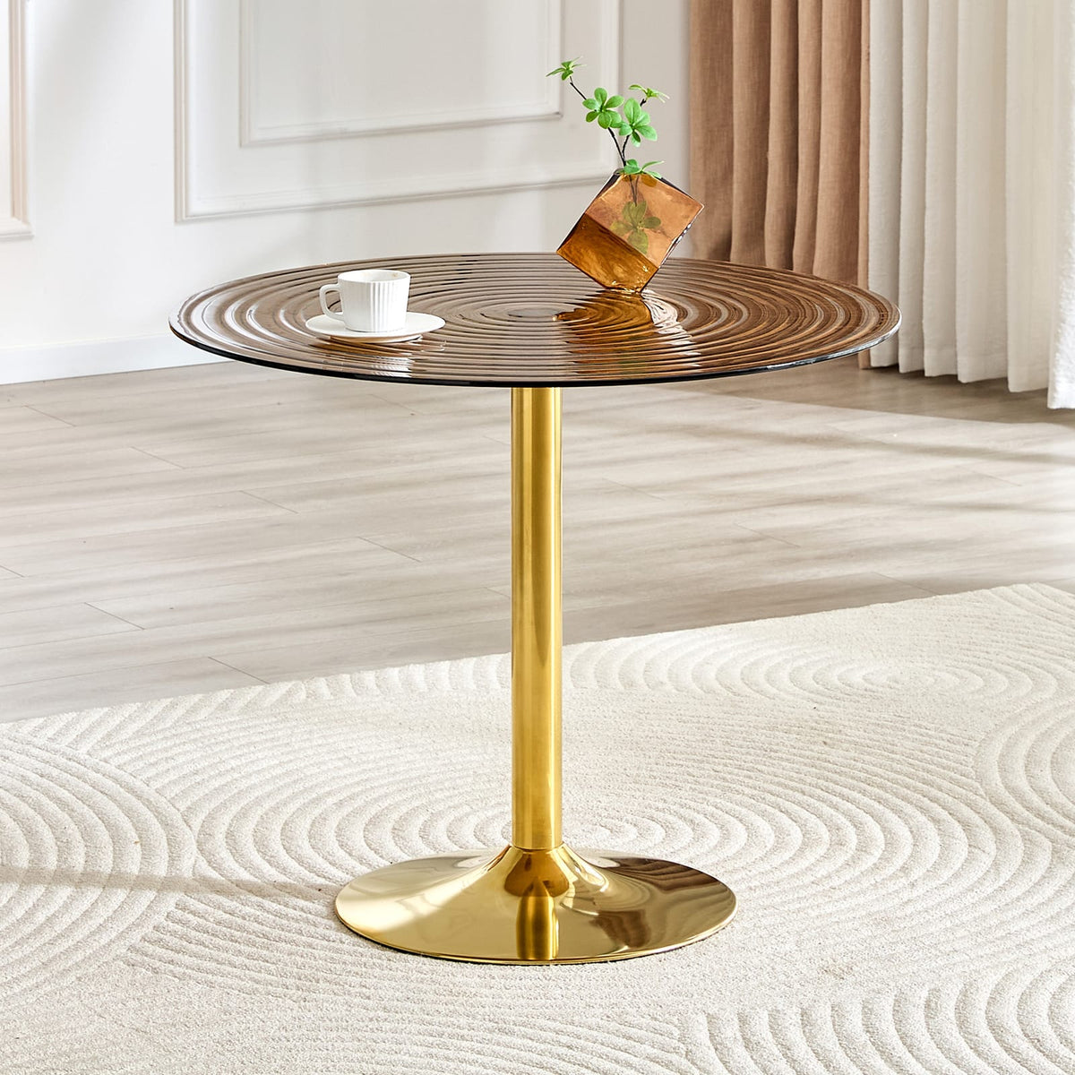35 Inch Brown Ring Glass Round Table - Gold Metal Frame for Living Room