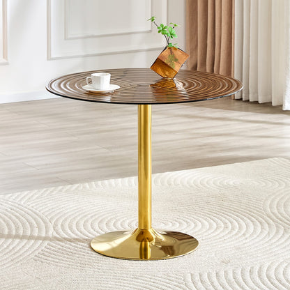 35 Inch Brown Ring Glass Round Table - Gold Metal Frame for Living Room