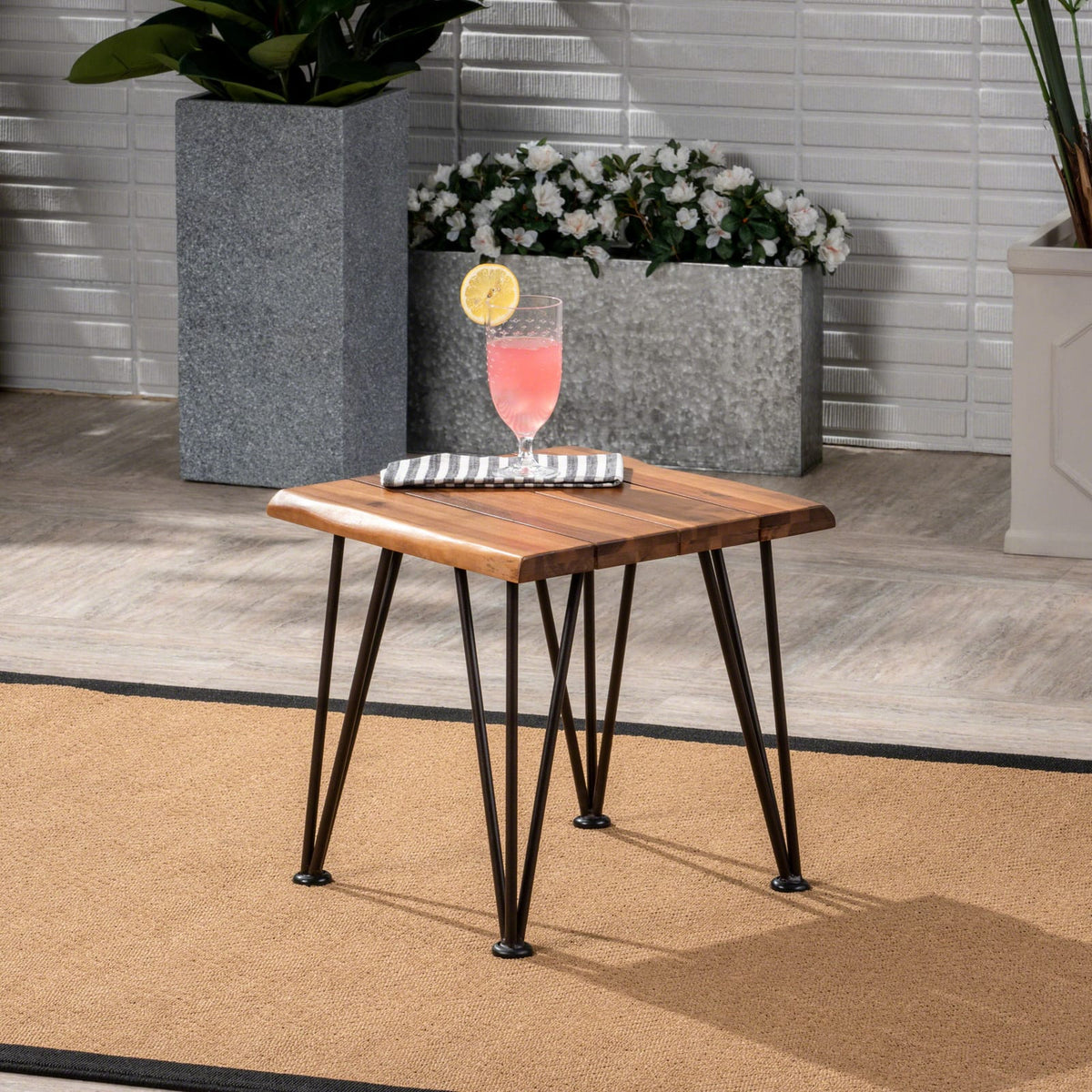 Rustic Industrial Wood and Metal Accent Table for Patio