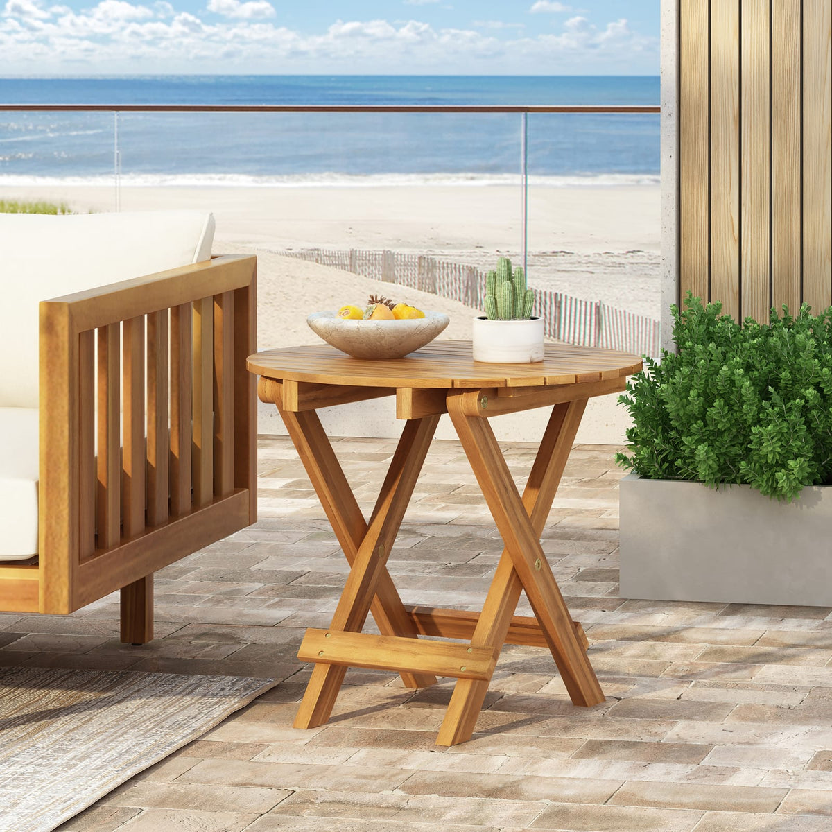 Brown Acacia Wood Patio Set - 2 Club Chairs with Cream Cushions & Foldable Table