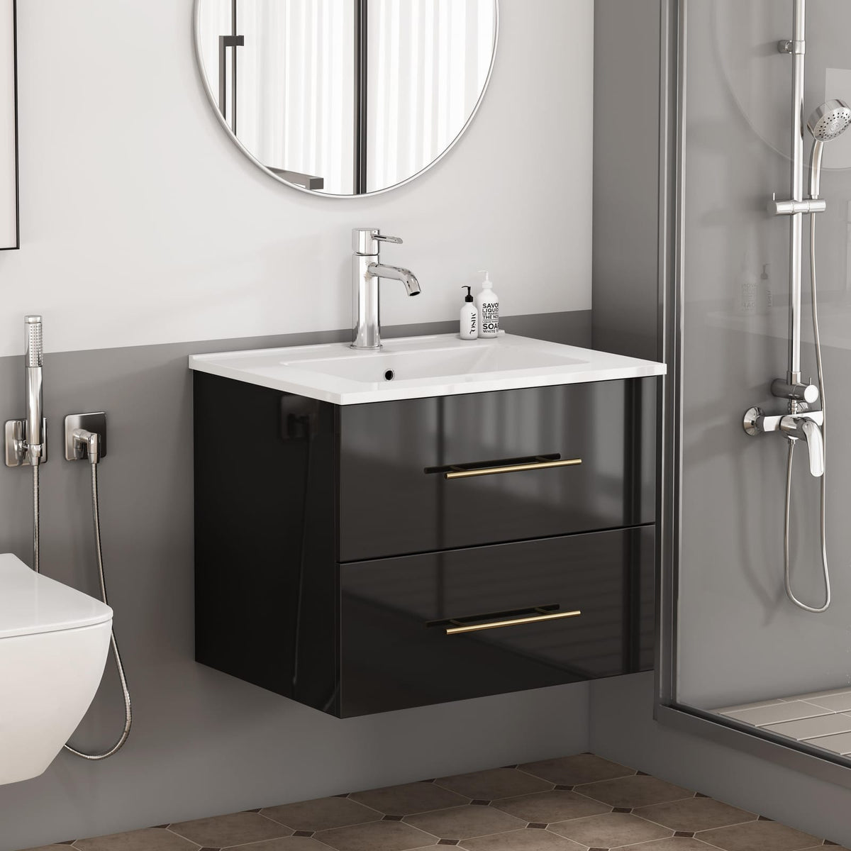 24-Inch Wall Mounted Bathroom Vanity with Sink Combo - Black MDF