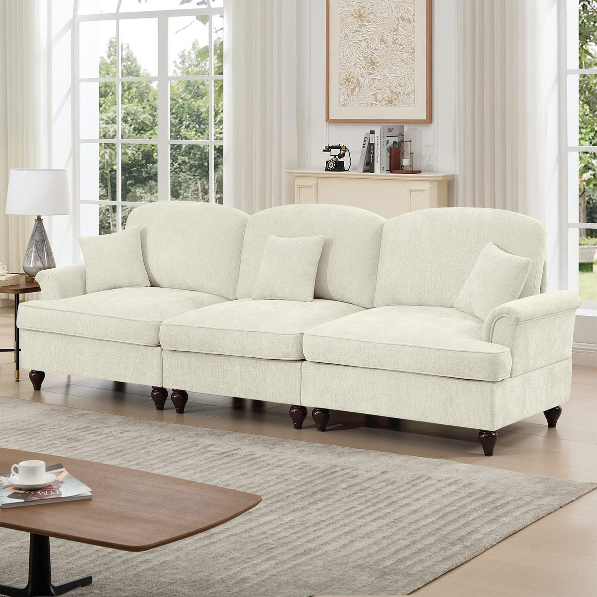 3 Seat Beige White Chenille Sofa with Ruffles for Living Room