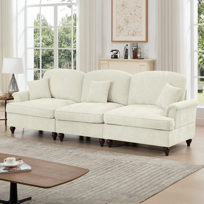 3 Seat Beige White Chenille Sofa with Ruffles for Living Room