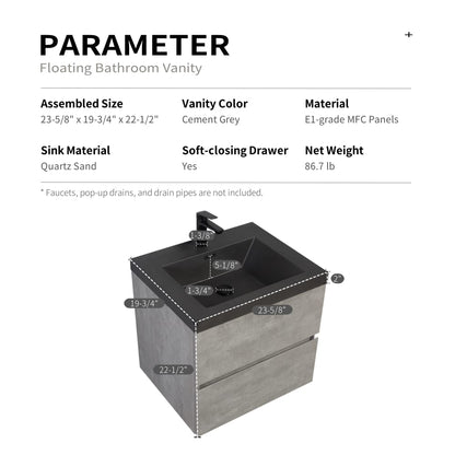 Grey Black Bathroom Vanity with Sink - Wall Mounted Storage Cabinet