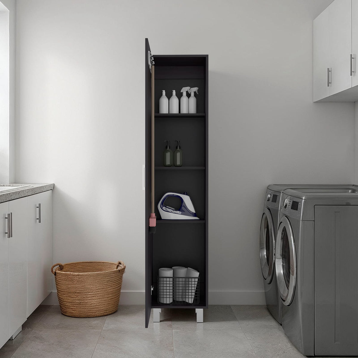 Black Storage Cabinet with 4 Shelves - 71" Server for Dining Room