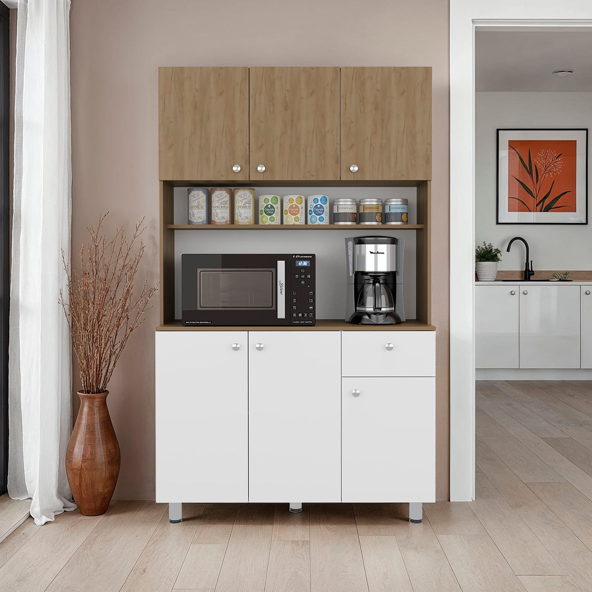White Engineered Wood Kitchen Storage Cabinet with Ample Shelves