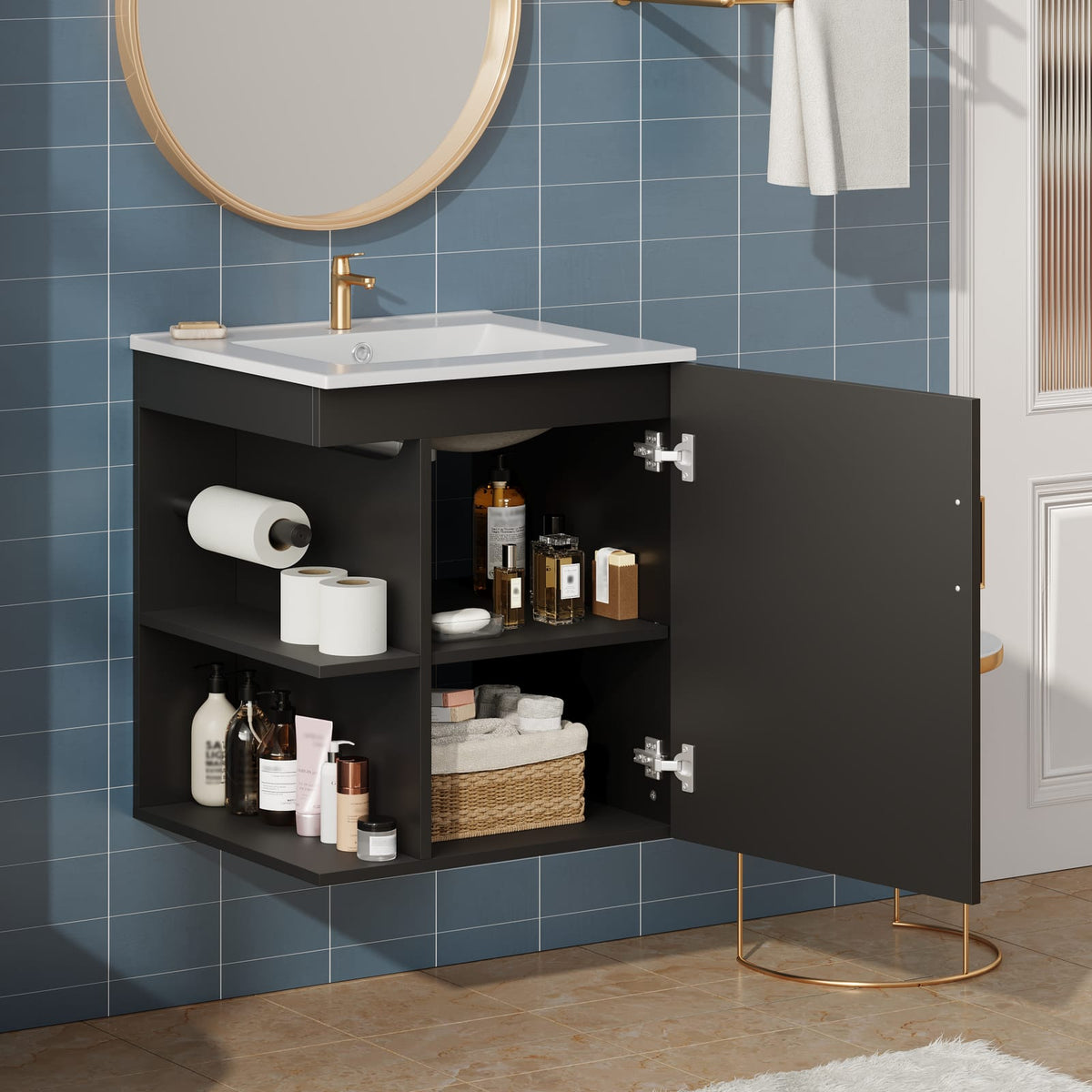 Black Solid Wood Bathroom Cabinet - Wall Mounted Storage