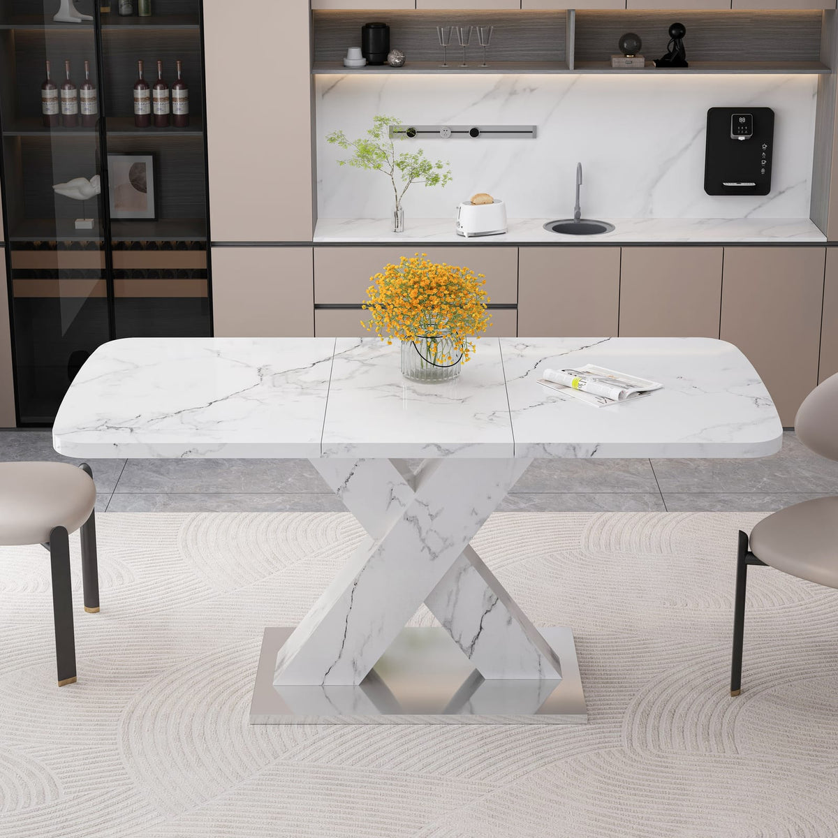 Modern White Dining Table - Stretchable Rectangle, MDF Steel