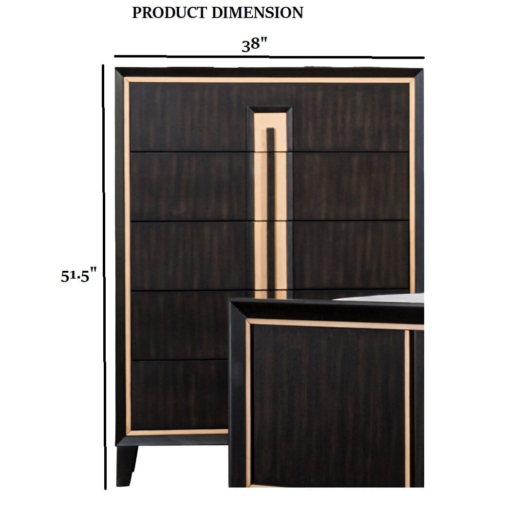 Espresso Solid Wood Bedroom Dresser with Gold Accent Trim Storage