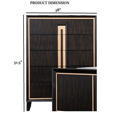 Espresso Solid Wood Bedroom Dresser with Gold Accent Trim Storage