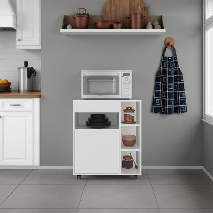 White Engineered Wood Kitchen Storage Cart with Rolling Casters