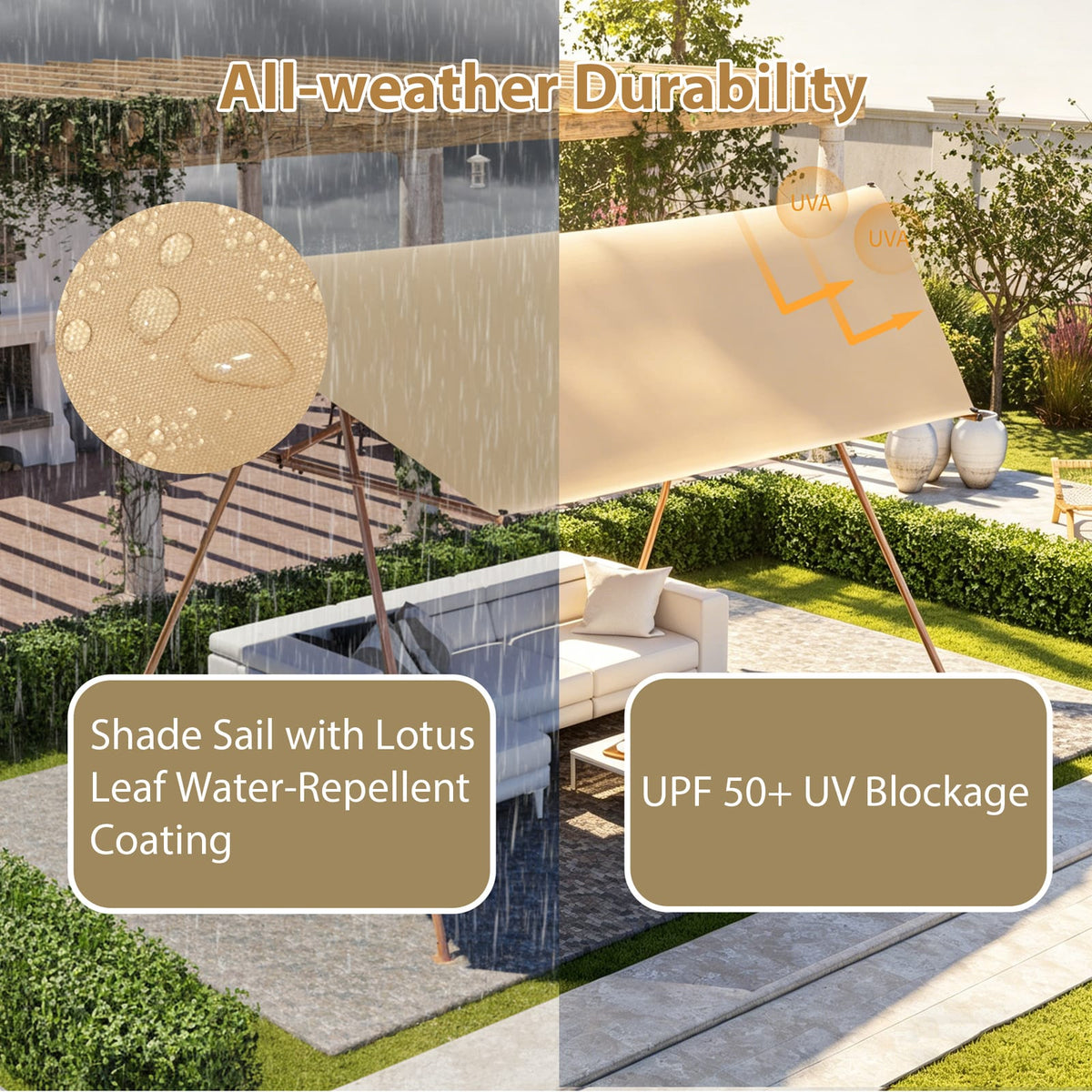 Large Hexagonal Shade Sail Canopy - Brown, UPF 50+ Protection