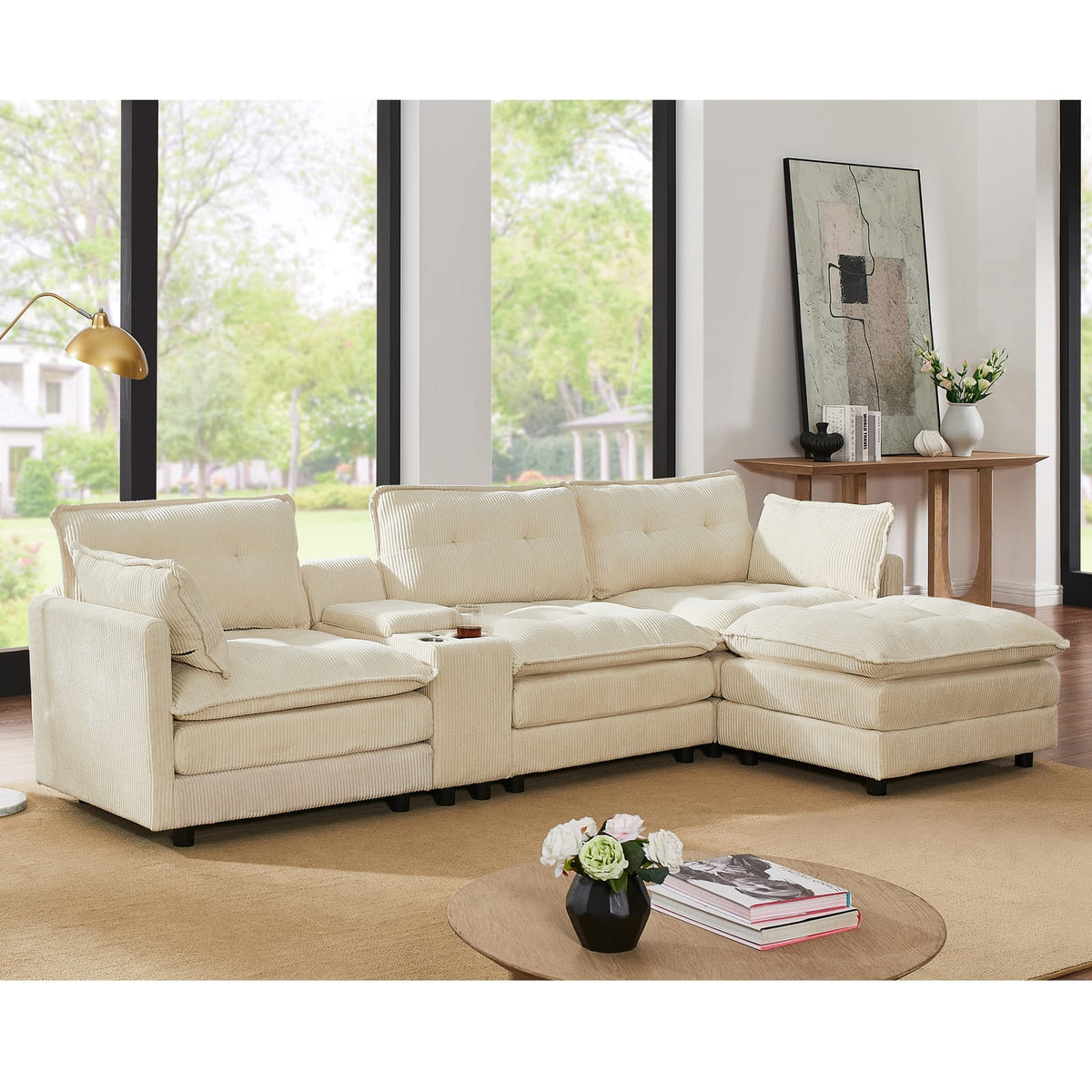 119" L-Shaped Corduroy Sectional Sofa with Ottoman & Console, Beige