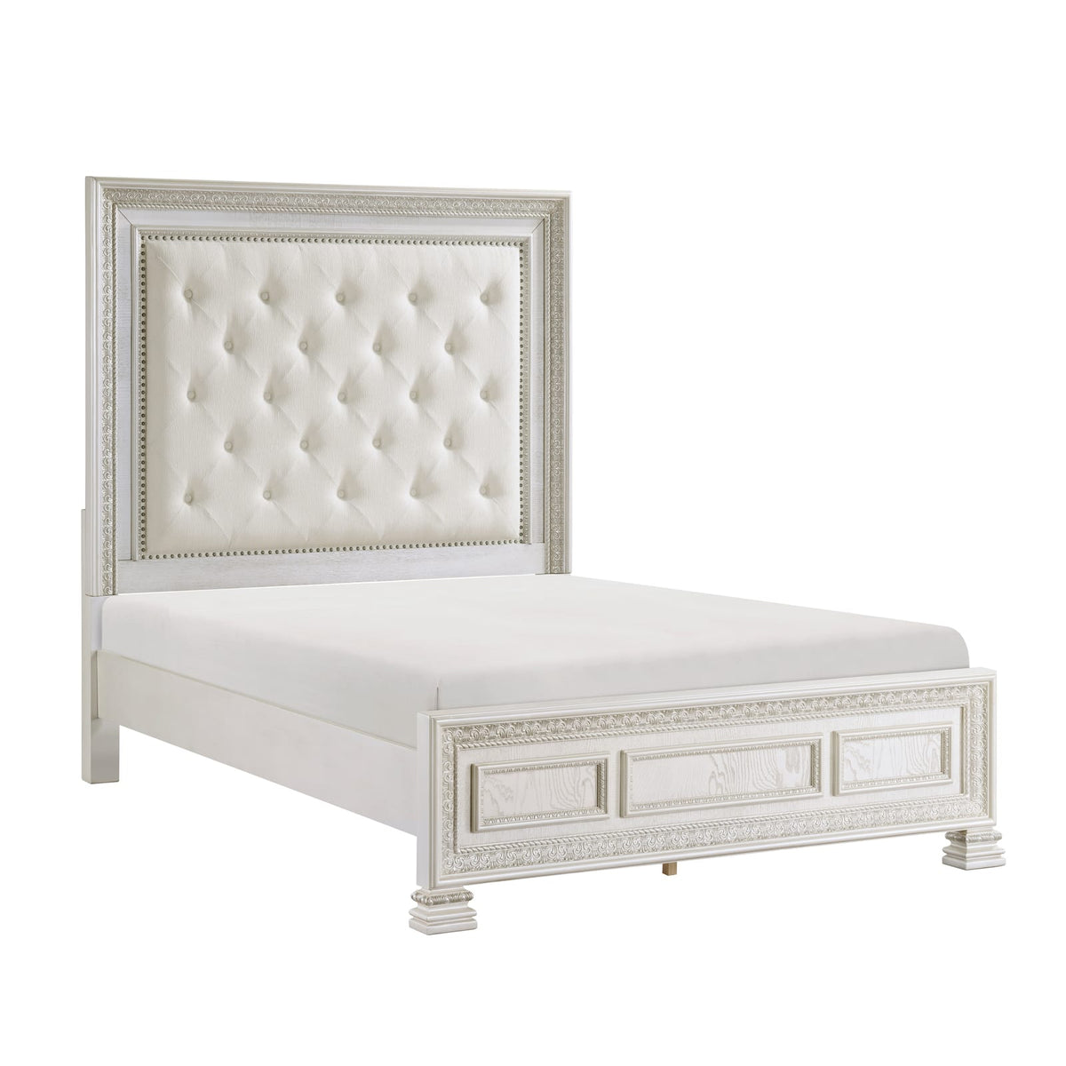 Queen Bed Frame - Pearl White Button Tufted Headboard for Bedroom
