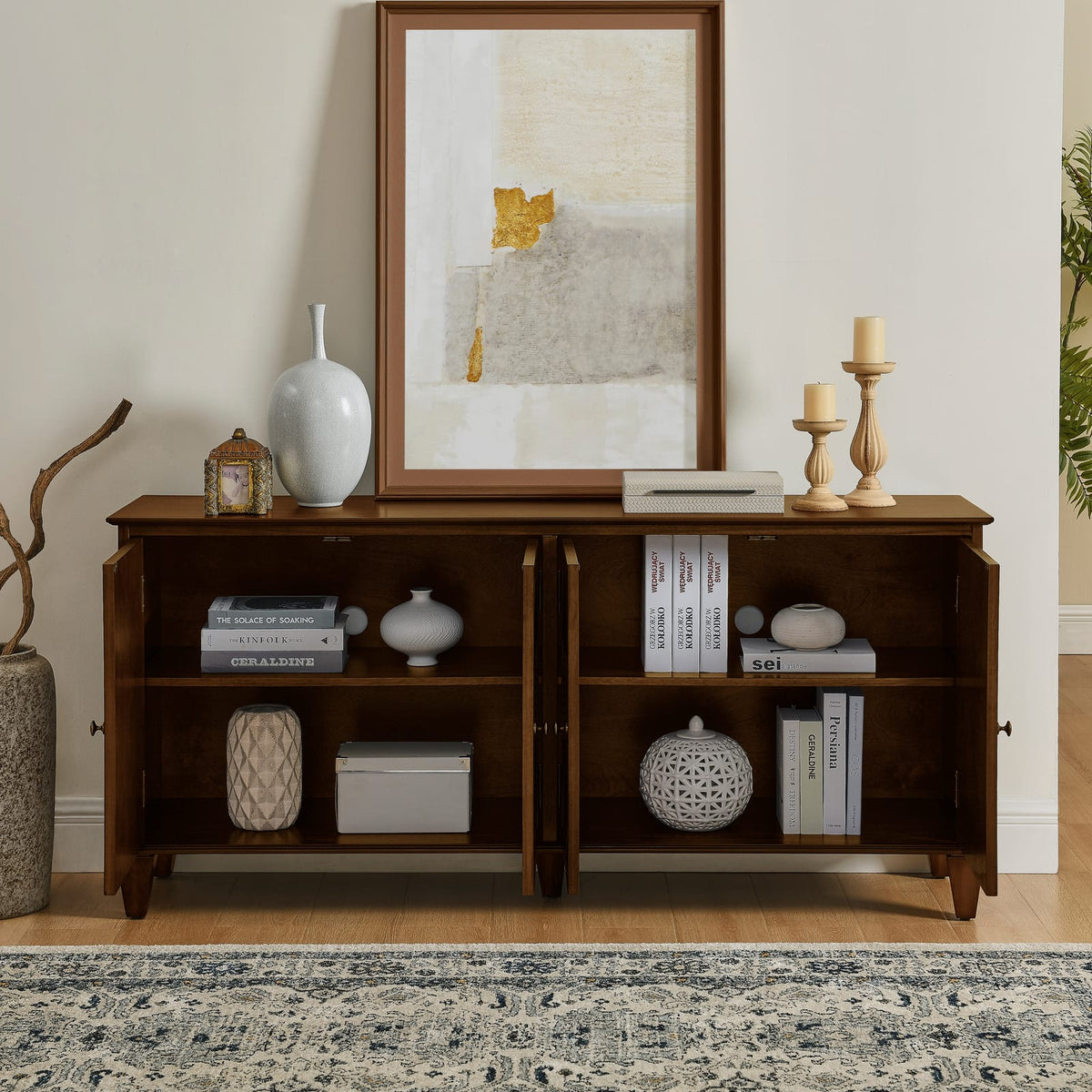 Walnut Wood Sideboard Cabinet for Kitchen Storage and Dining Room