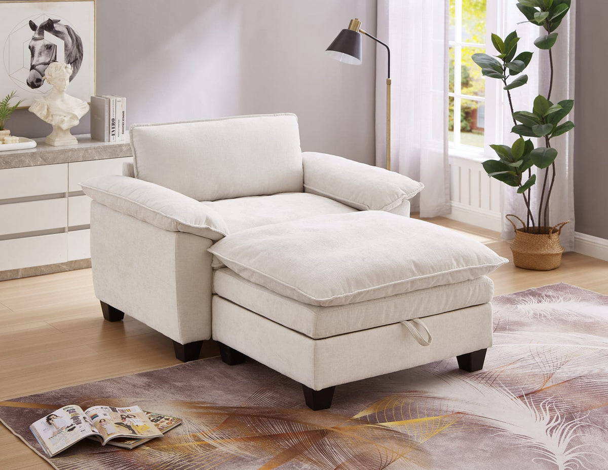 Beige Chenille Ottoman Sofa with Storage Seat for Living Room