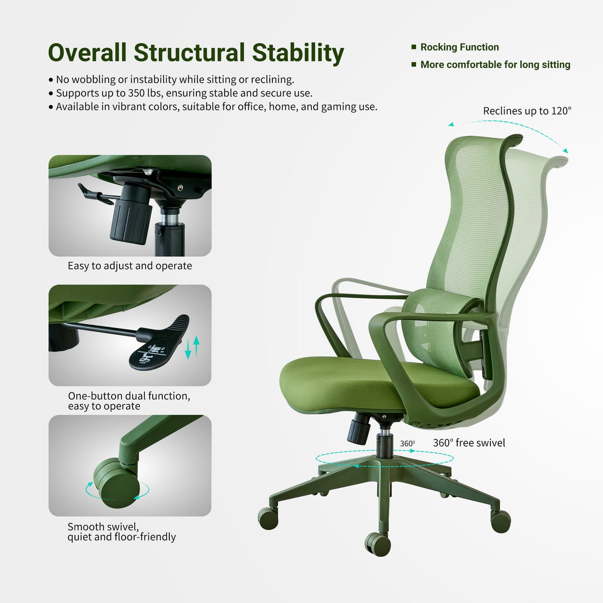 Green Ergonomic Office Chair - Adjustable Lumbar Support, Mesh Back for Home Office