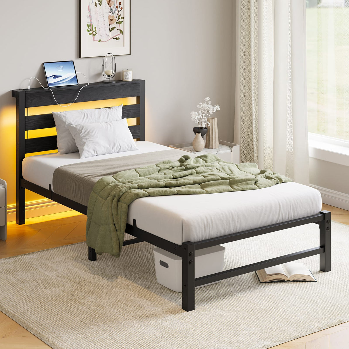 Twin Size Metal Bed Frame with LED Lights & USB Charging