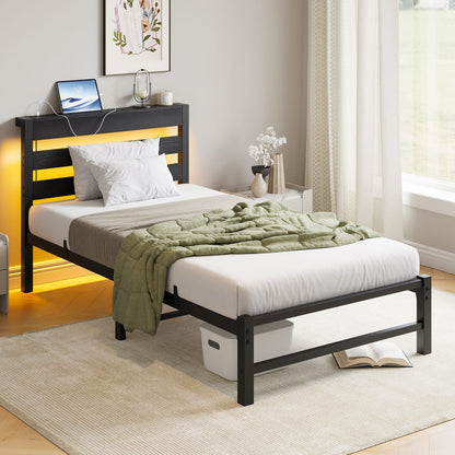 Twin Size Metal Bed Frame with LED Lights & USB Charging