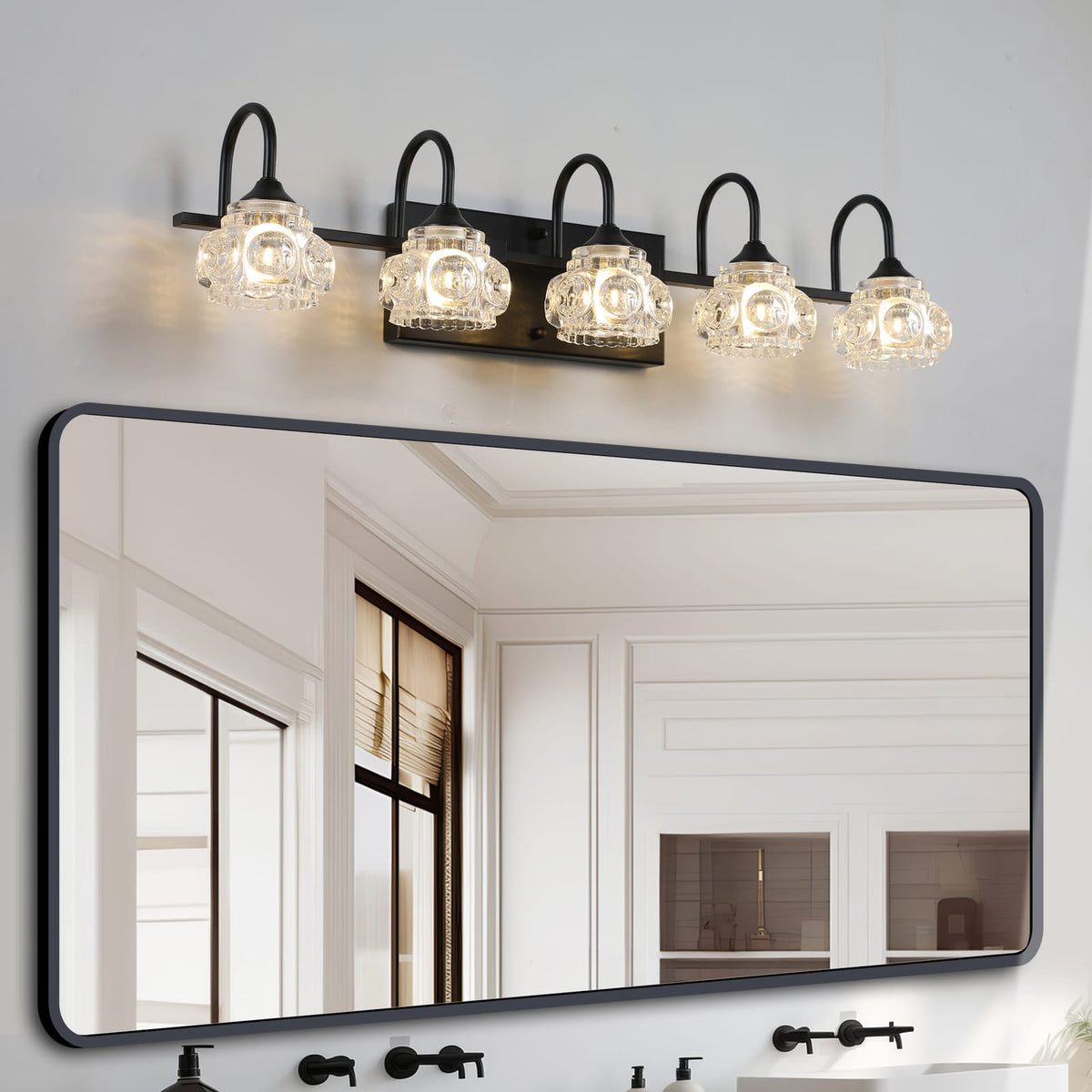 29" Retro 5-Light Bathroom Vanity Light Fixture - Black Finish with Crystal Glass