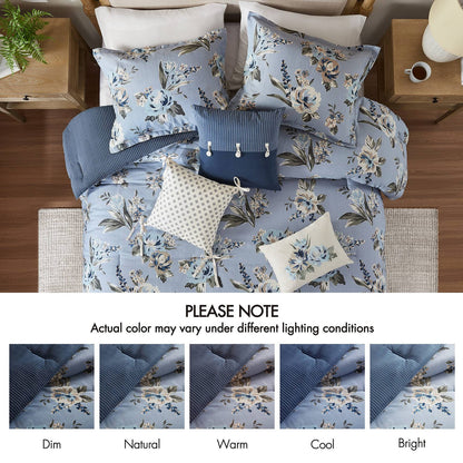 King Blue Floral Comforter Set - 7 Piece Bedding