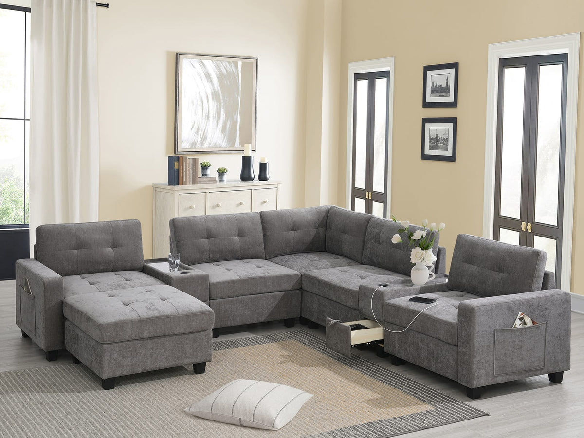 104'' Gray Chenille Sectional Sofa with Movable Ottoman