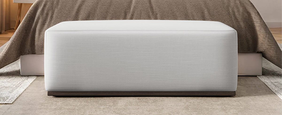 White Rectangle Ottoman - Wood Fabric Footstool