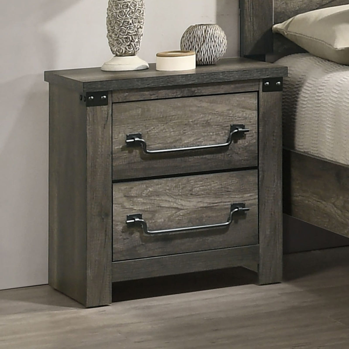 Gray 2 Drawer Bedside Cabinet Nightstand - Farmhouse Style