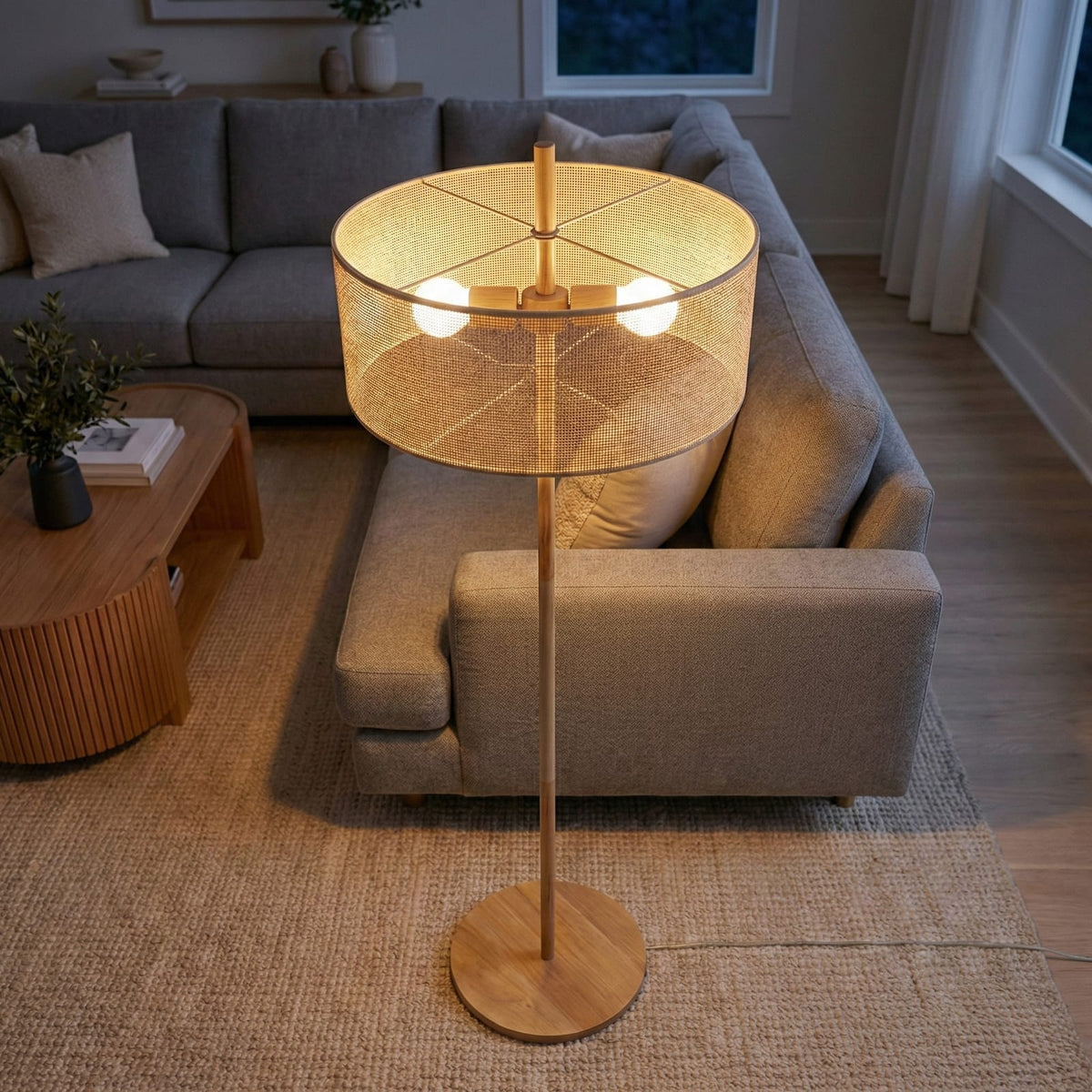 Brown Wood Floor Lamp - Drum Shade Table Lamp for Bedroom Living Room