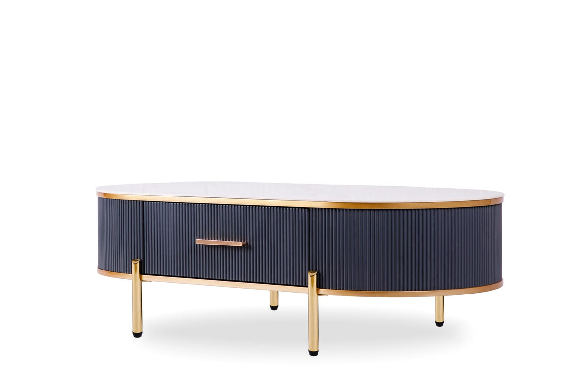 White Gray Oval Coffee Table with Drawers - Mid-Century Modern Style