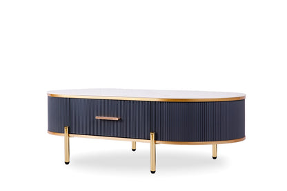 White Gray Oval Coffee Table with Drawers - Mid-Century Modern Style