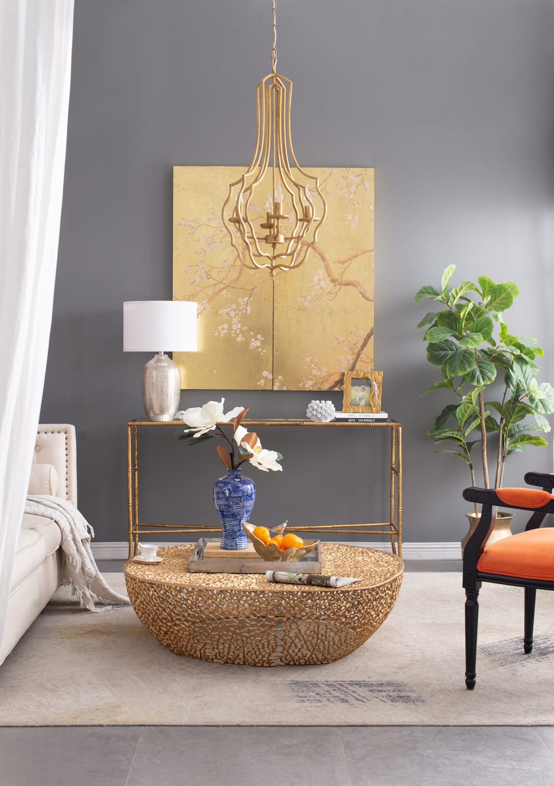 Gold Iron Chandelier - 4 Light Hanging Fixture for Dining Room