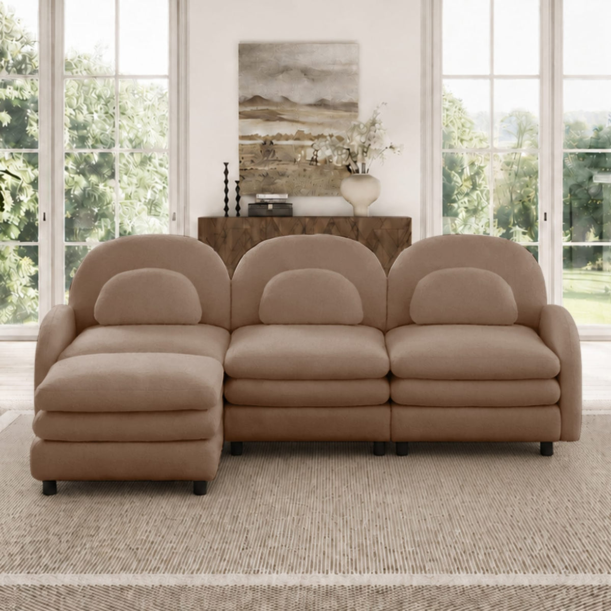 Camel Teddy Fabric 3-Seat Sofa - Curved Backrest & Armrests