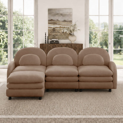 Camel Teddy Fabric 3-Seat Sofa - Curved Backrest & Armrests