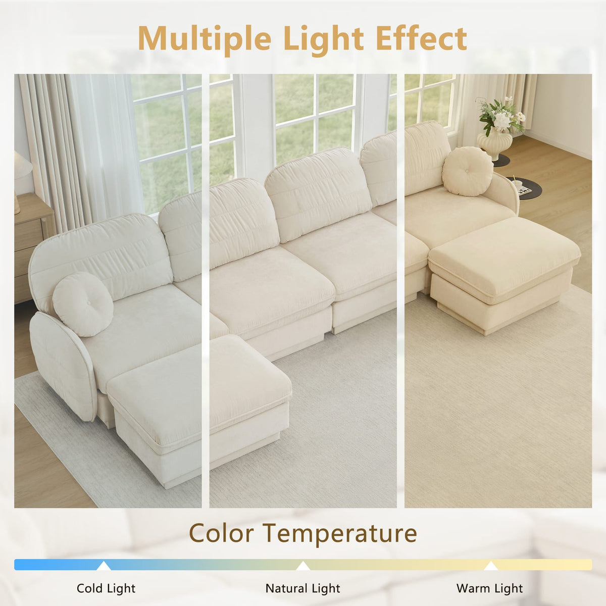 Cream Beige Chenille Cloud Sofa with Ottoman, Modular L-Shape Lounge for Living Room