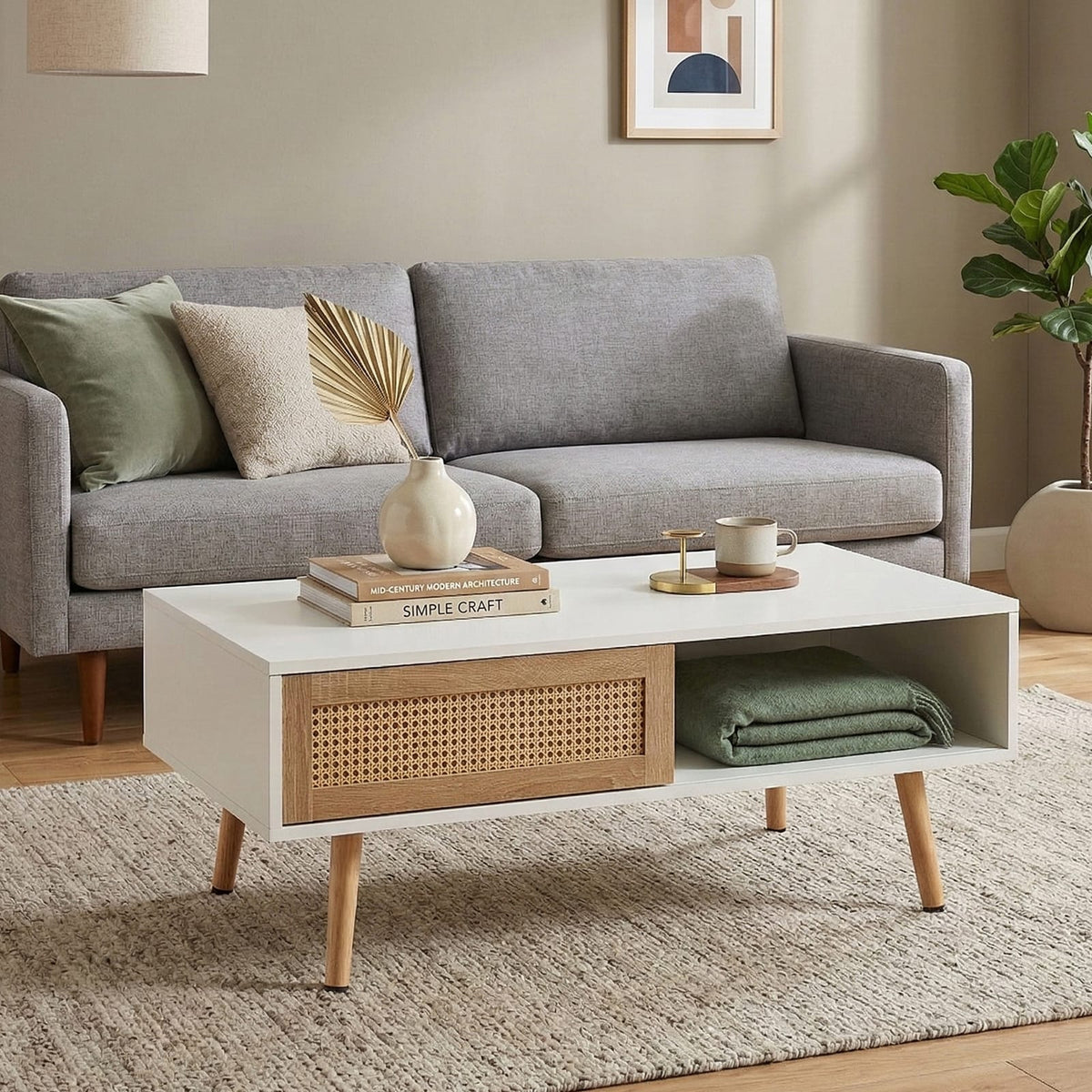41.34" Rattan Coffee Table with Sliding Door - White for Living Room