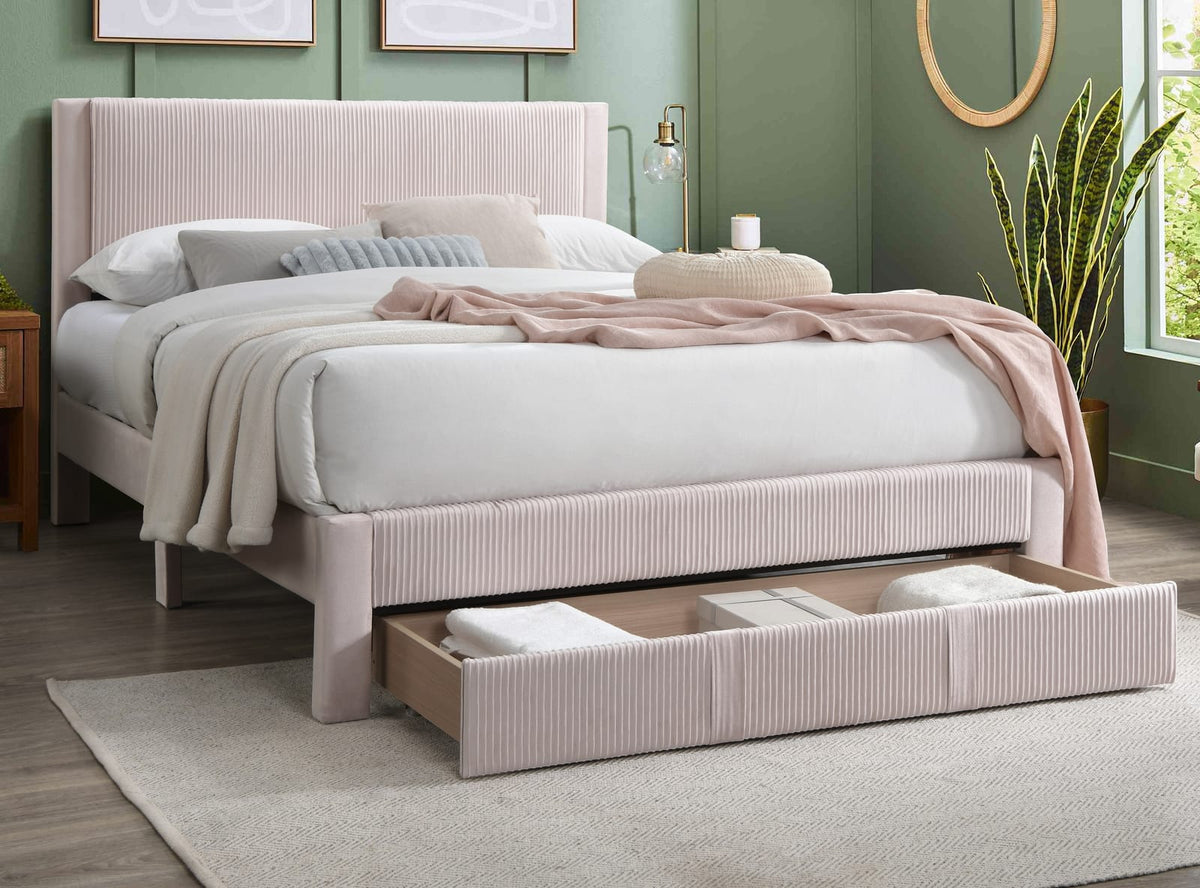 Contemporary Queen Bed Frame - Light Pink Corduroy Storage