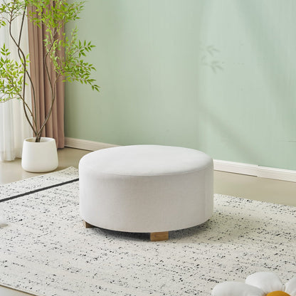 White Fabric Round Ottoman with Wooden Legs - Modern Minimalist for Living Room
