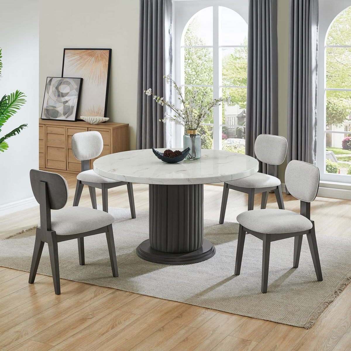 Venezia 5-Piece Round Dining Set - White Faux Marble Table & Gray Chairs