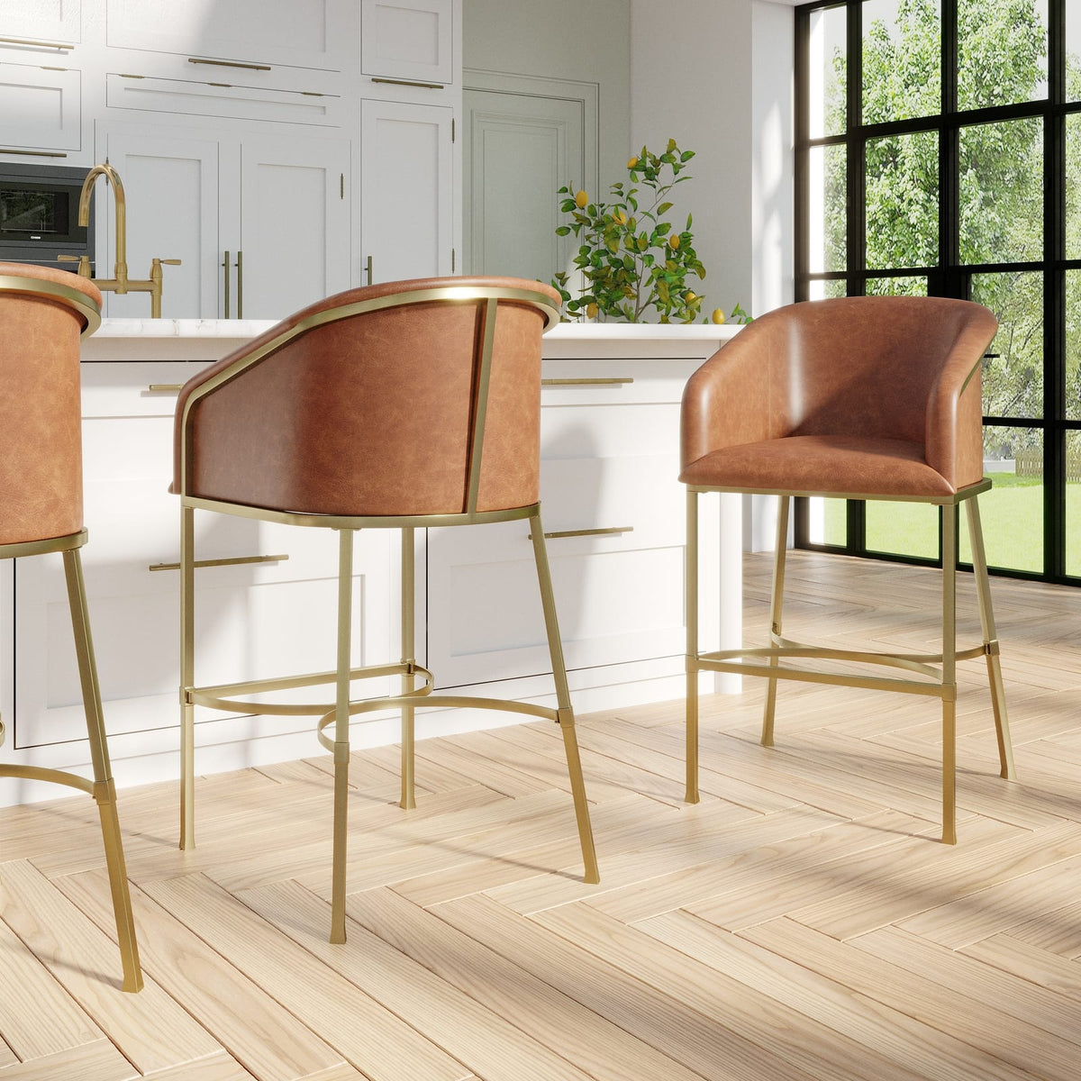 26 Inch Brown PU Counter Stool - Gold Steel Frame