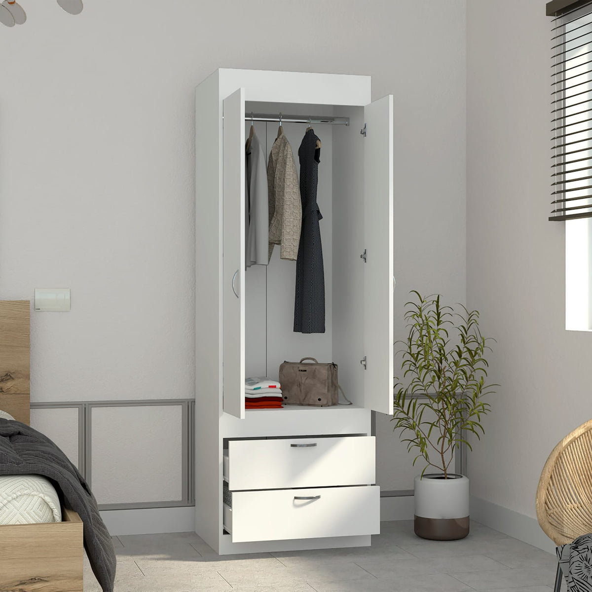 White 70H Dresser with 2 Doors & Hanging Rod